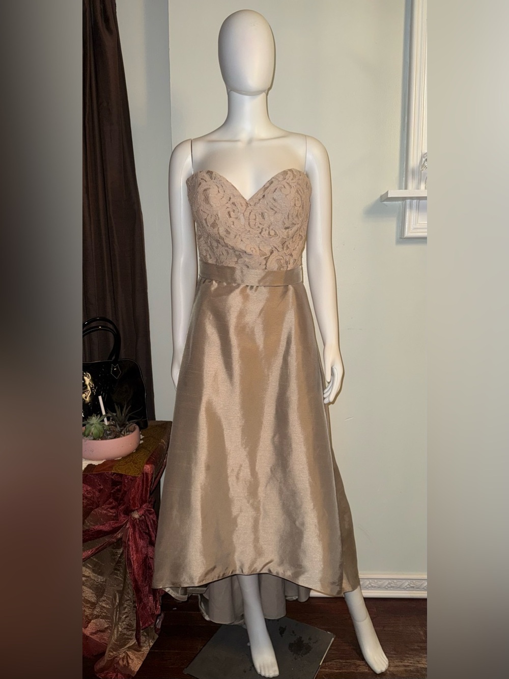 Strapless Lace Bodice High-Low Dress in Taupe